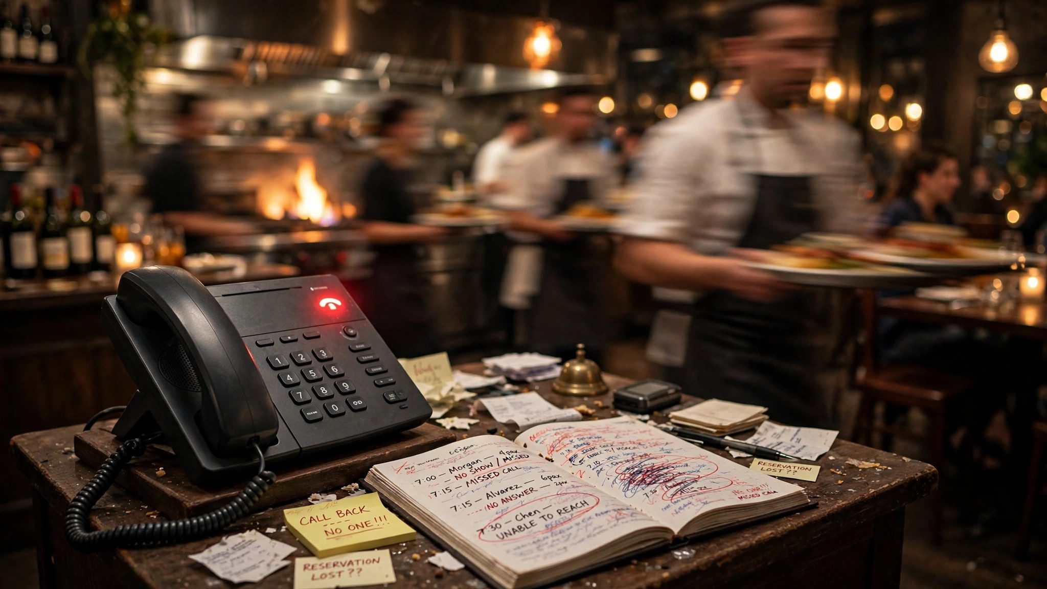 The dinner rush problem: the phone rings, service cannot stop, and the reservation goes to whoever answers first.