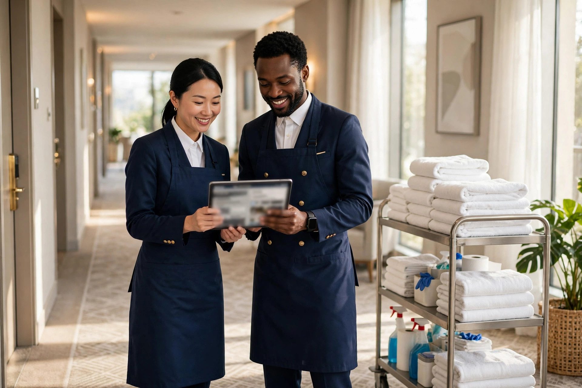Housekeeping without the corridor chaos: the clean is assigned, worked through a checklist, and proven with a photo.