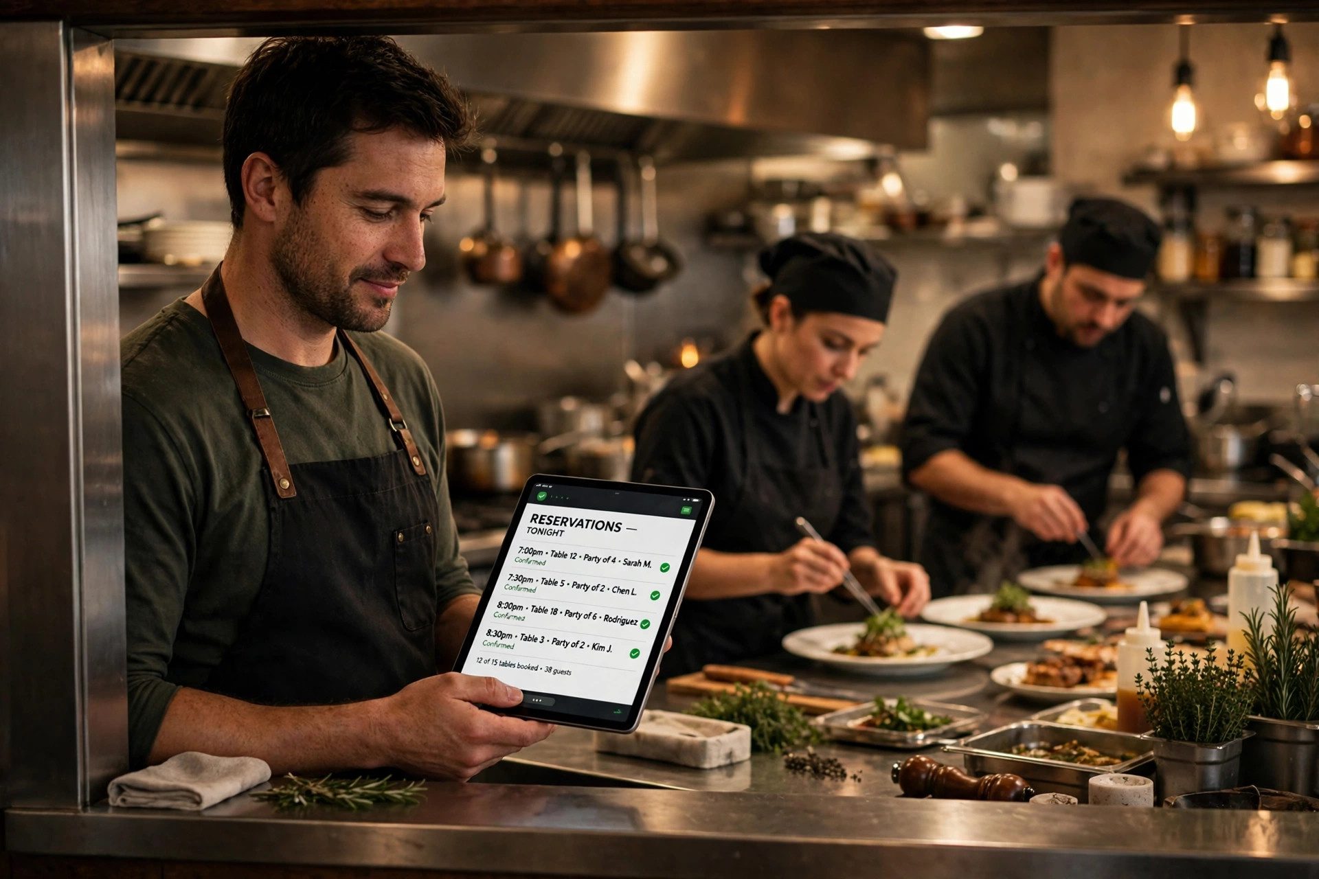 The rush, handled: the AI confirms the bookings while the owner checks the reservation book on a tablet.