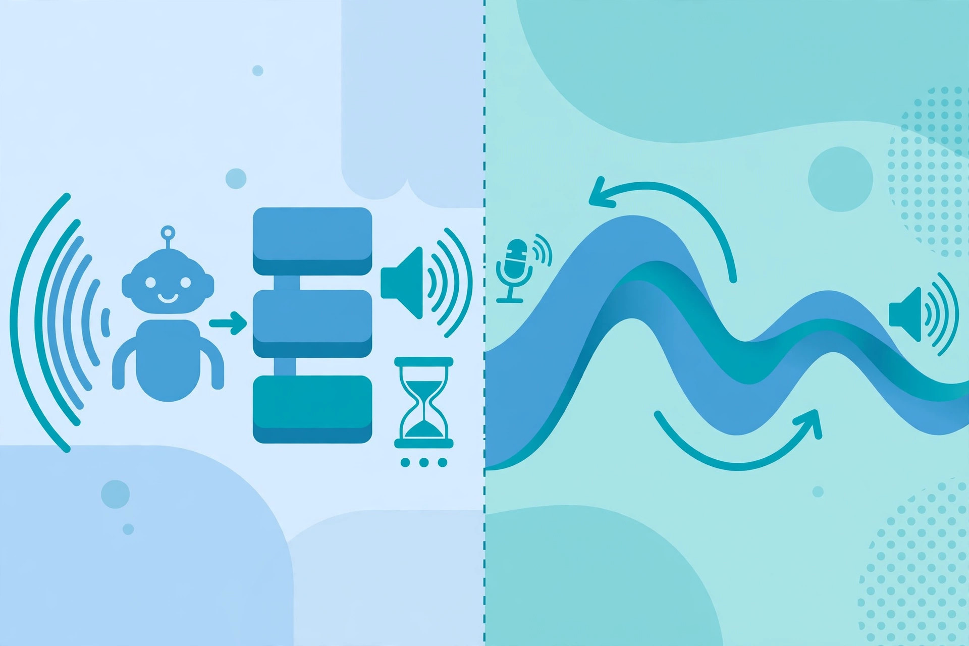 The old pipeline vs full-duplex: text conversion adds delay and drops emotion; Dessa keeps audio end to end.