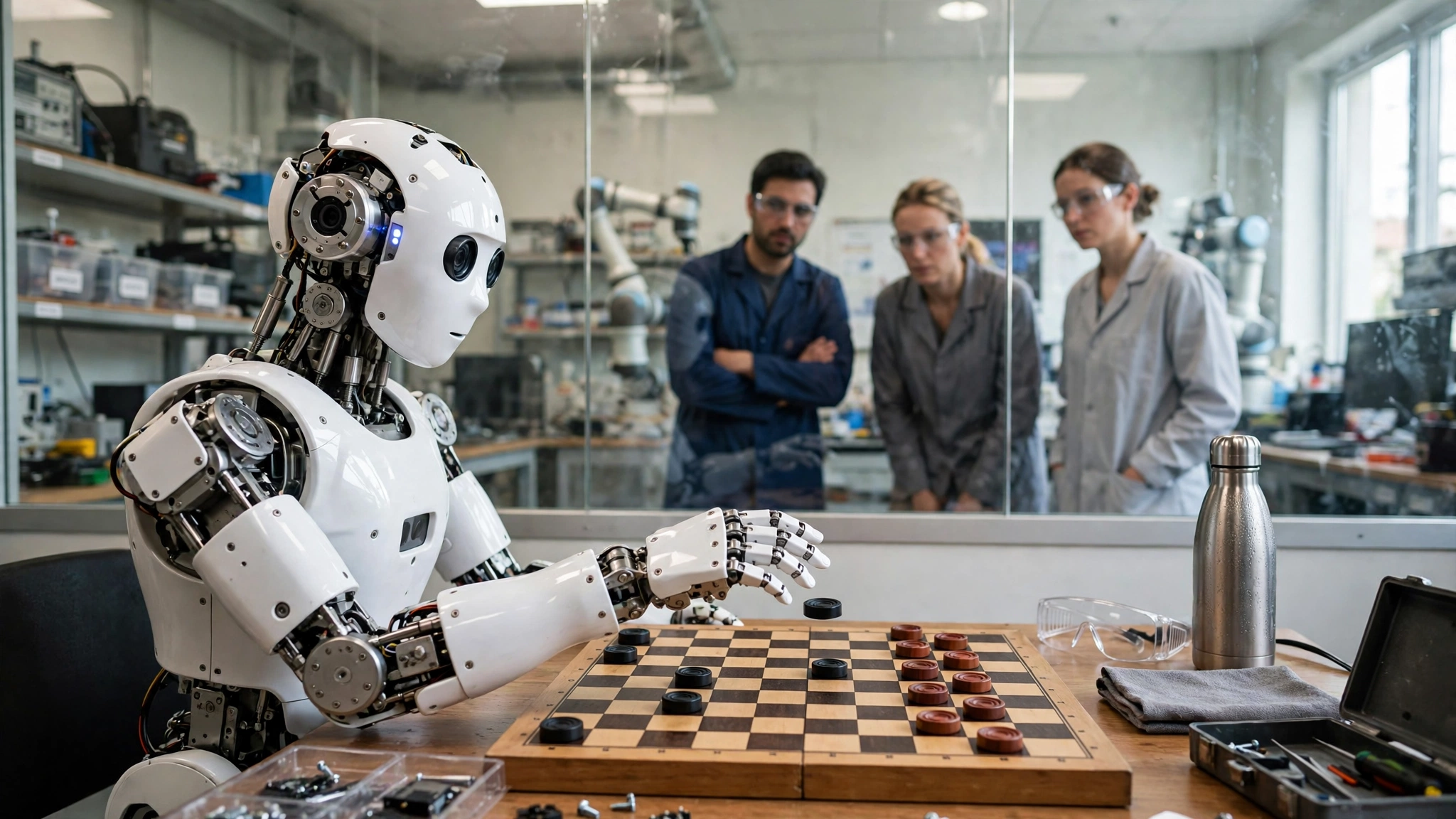 Gemini 4 Argon breaks a task into steps and Genie 4 renders them — DeepMind tested the pairing on a humanoid robot playing checkers (illustration).