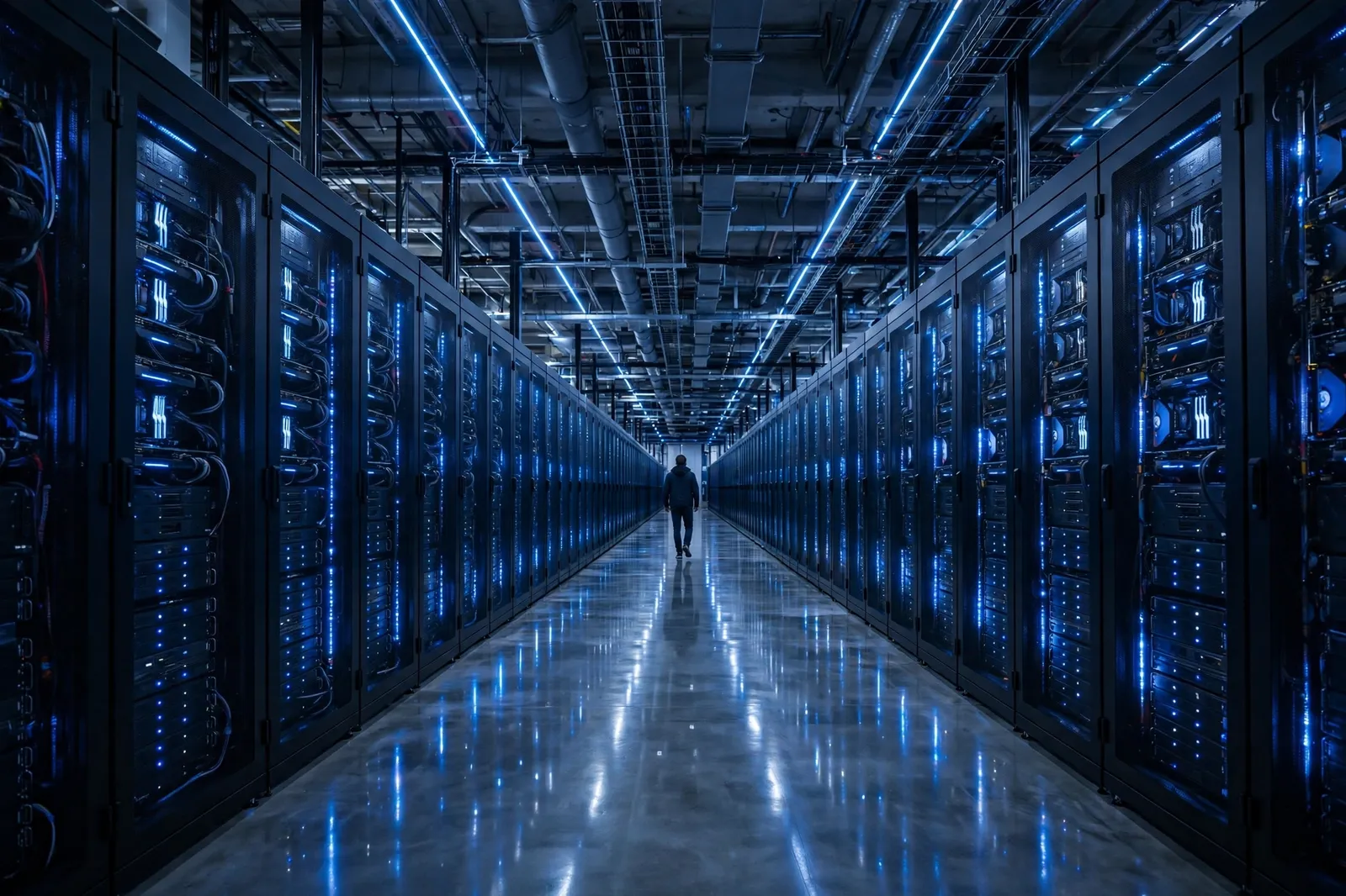 A 2.8-trillion-parameter model lives in halls like this — around ten to twelve flagship GPUs just to hold it (illustration).