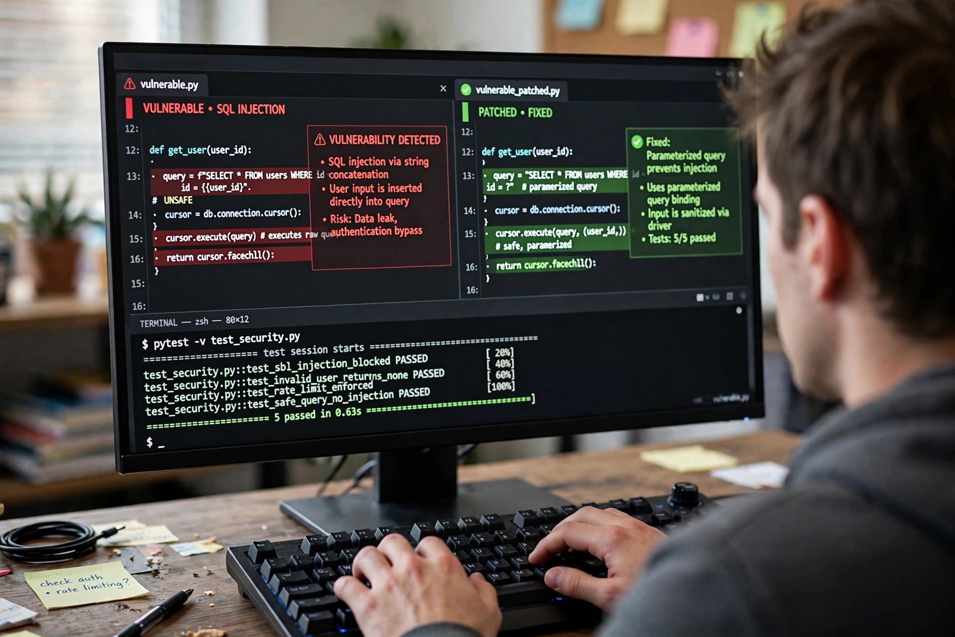 Reproduce, then patch: Large 4's headline cyber test asks the model to recreate a real vulnerability and then fix it (illustration).
