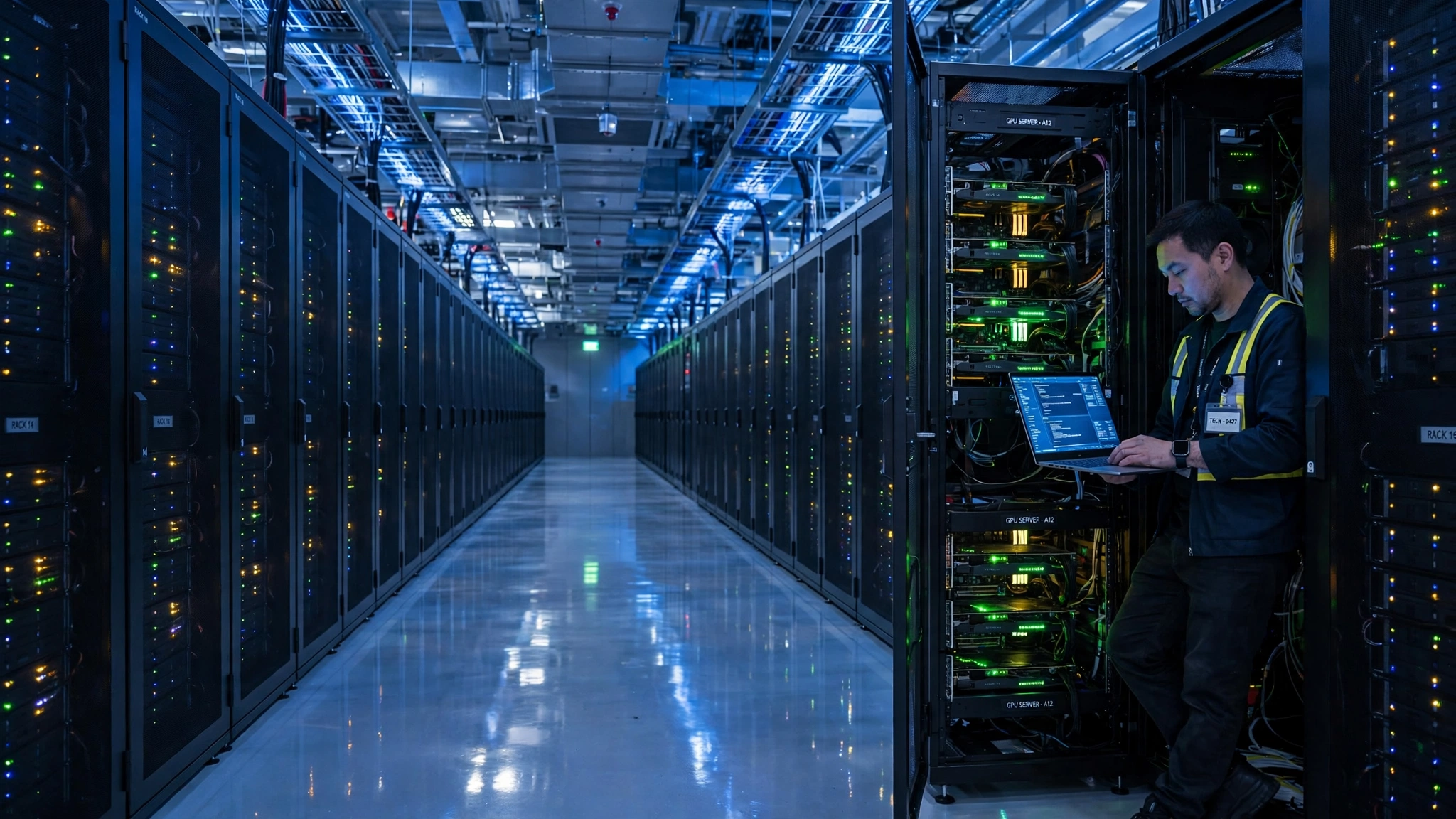 The hardware reality: a 1-trillion-parameter model lives in data-center racks or in heavily quantized local setups (illustration).